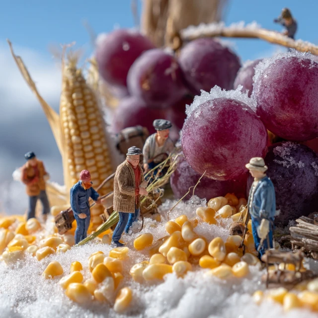 Miniature Scene: Corn Harvest in Snowy Landscape