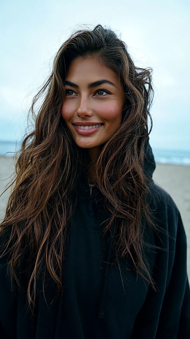 Windy Beach Portrait Young Woman Black Hoodie