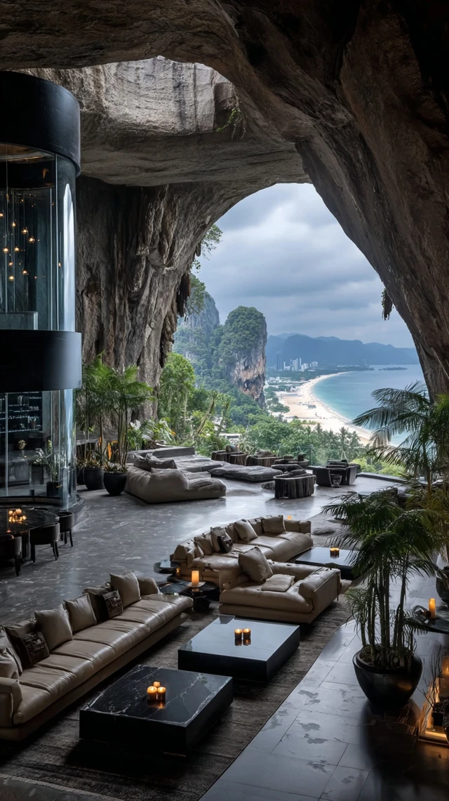 Luxury Cave Lounge Interior with Beach View