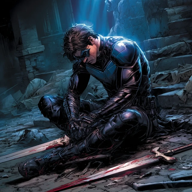 Nightwing Defeated Wounded in Leather Suit