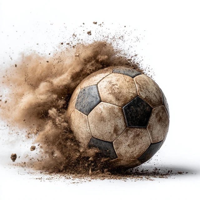 Soccer Ball Smashing Through Dust on White