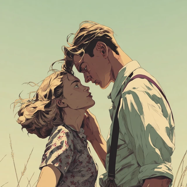 Romantic Kiss in the 1940s Comic Book Style