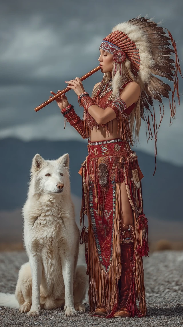 Native American Woman and White Wolf