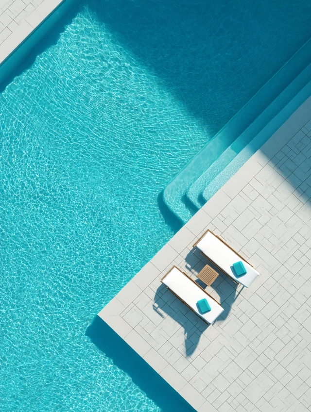 Elegant Pool Top Down View Sun Loungers