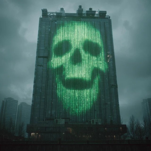 Cyberpunk Building with Green Skull Projection