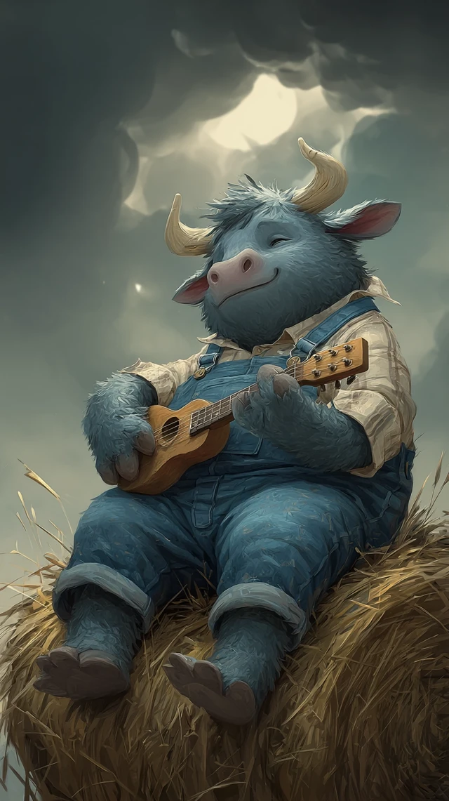 Cute Bull Plays Guitar on Haystack Illustration