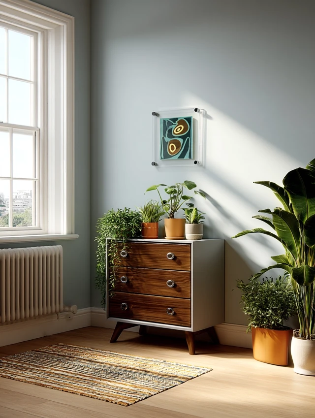 Brightly Lit Room with Floating Frame and Plants