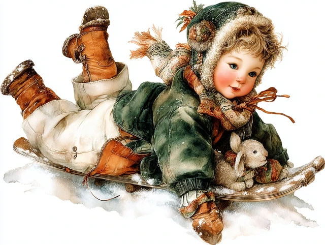 Christmas Boy Sledding in Snowy Watercolor Art