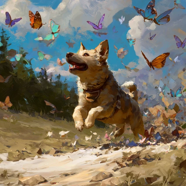 Dog Gazing at Butterflies Painting