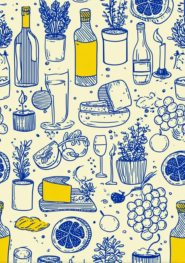 Vintage Food Pattern Blue Yellow Illustration