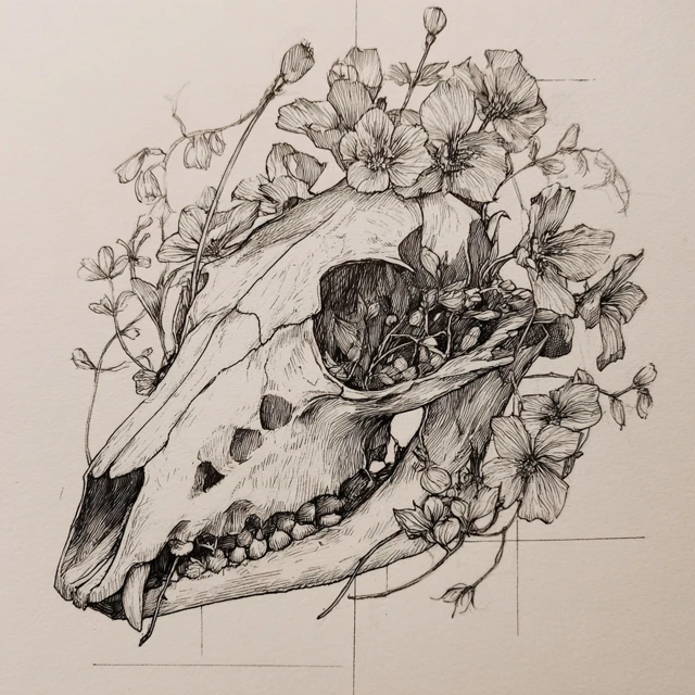 Wolf Skull with Flowers Detailed Sketch