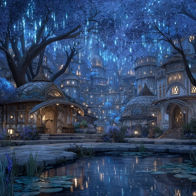 Forest Village at Dusk: Bioluminescent Lights and Festival