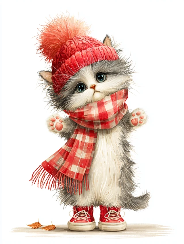 Cute Kitten in Hat and Scarf Illustration