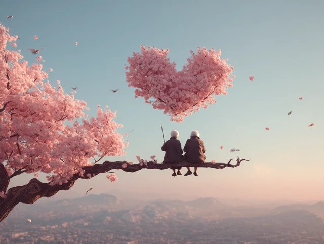 Old Couple in Love Blossoming Tree Scenic View