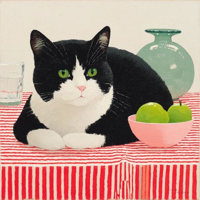 Cat Painting: Black and White Cat with Apples