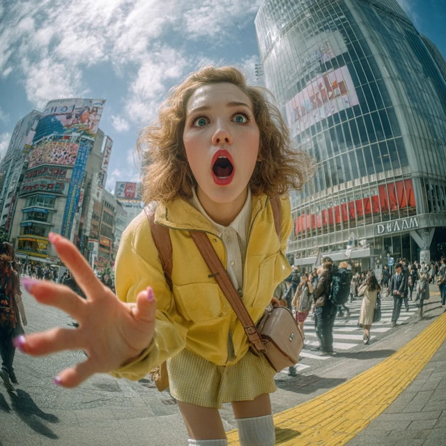 Tokyo Shibuya Crossing Candid Photo Woman Surprise