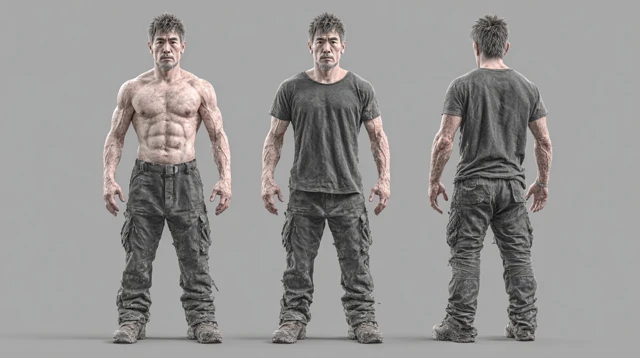 Asian Male Character Turnaround Sheet Photorealistic