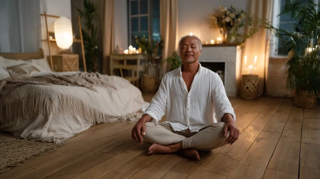 Meditation in Bedroom Serene Asian Man Peace