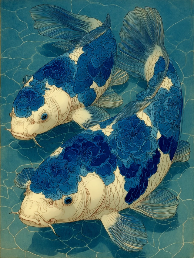 Koi Fish Illustration with Blue Floral Patterns