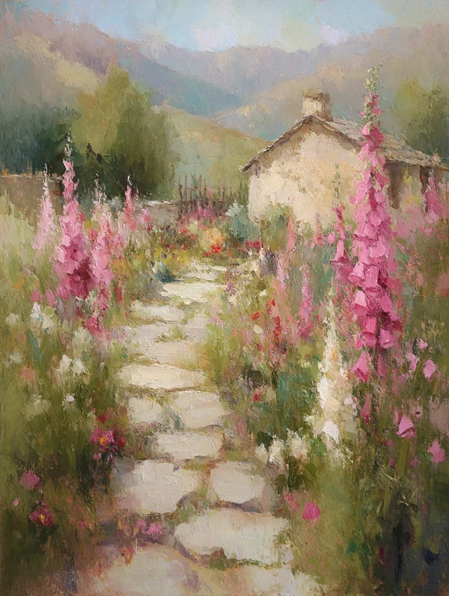 English Garden Painting: Stone Path, Cottage and Foxgloves