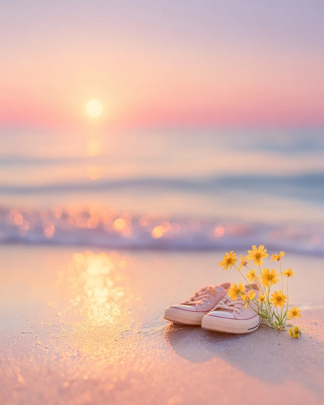 Sunrise Beach with Shoes and Flowers