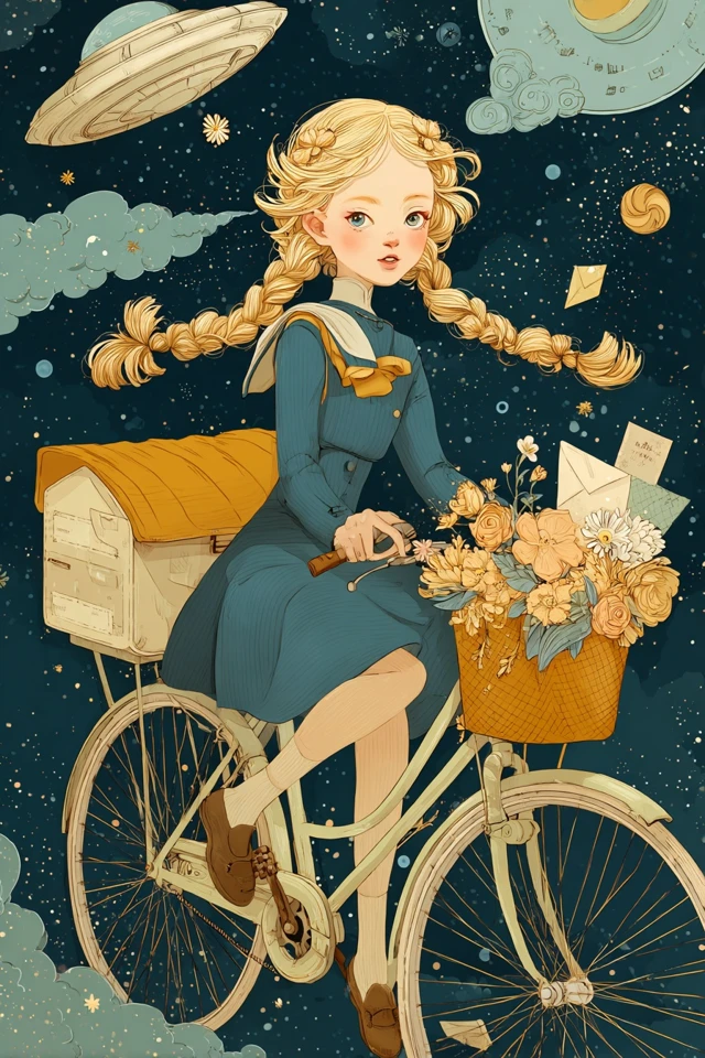 Fairy Girl on Bicycle Space Post Office Illustration