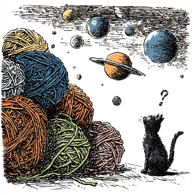 Cartoon Cat and Yarn Universe Illustration