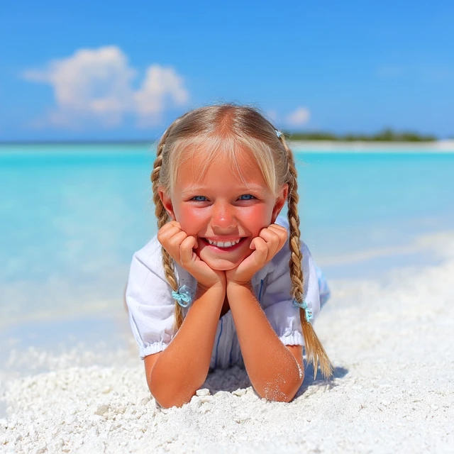 Happy Girl on Beach Ocean Sunlight