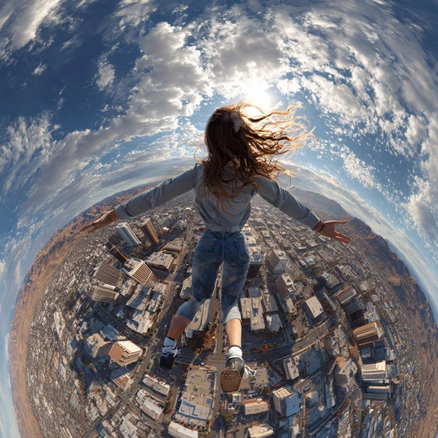 Girl Flying Over City Drone Shot Cinematic
