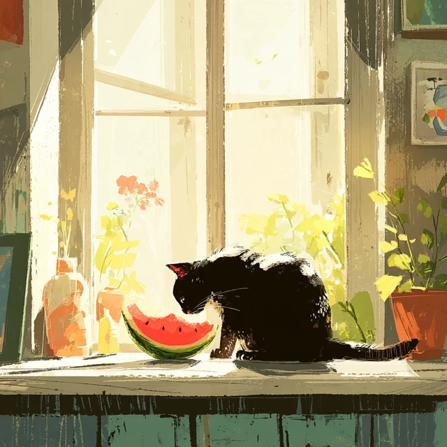 Cat Eating Watermelon Summer Illustration