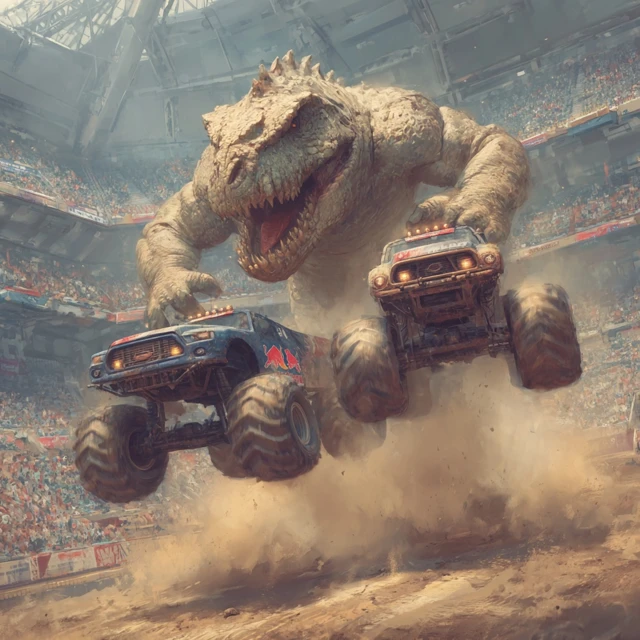 Dinosaurs vs Monster Trucks in Monster Jam Arena