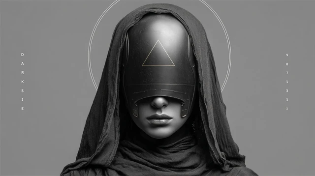Futuristic Masked Figure with Eerie Expression