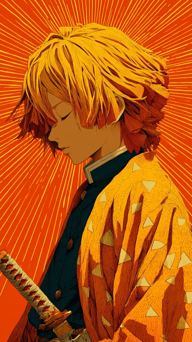 Anime Boy with Katana Golden Illustration