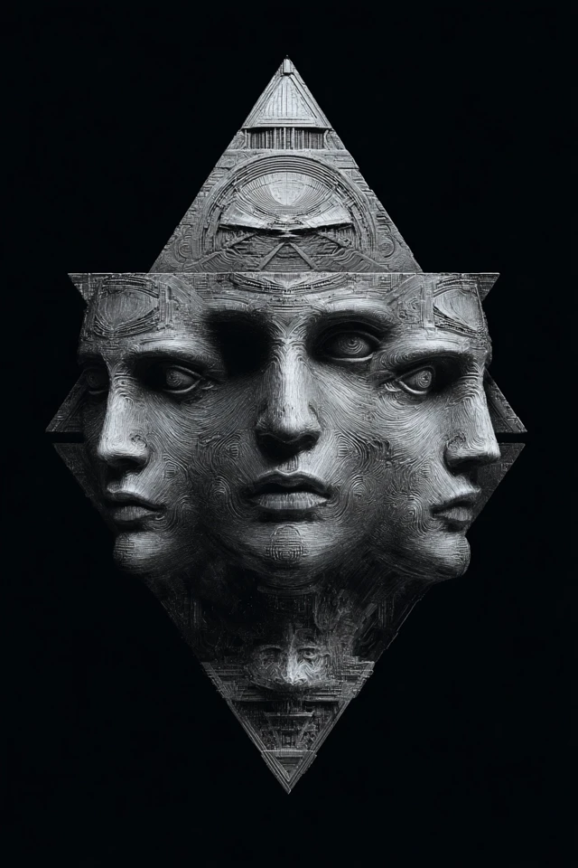 Surreal Faces Pyramid Grayscale Art