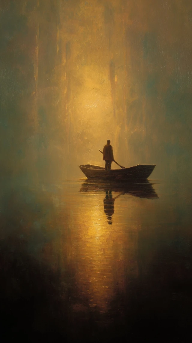 Solitary Figure in a Boat Painting Peaceful Scene