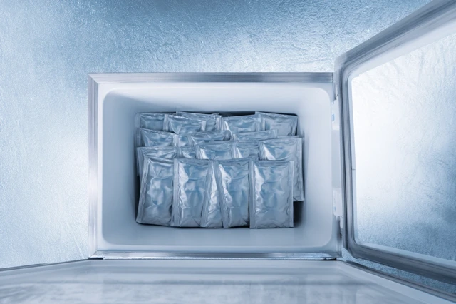 Open Chest Freezer with Frozen Food Pouches