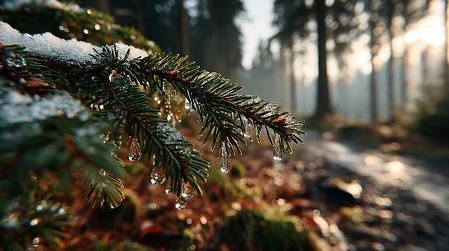 Melting Snow in Forest Early Spring Sunbeams