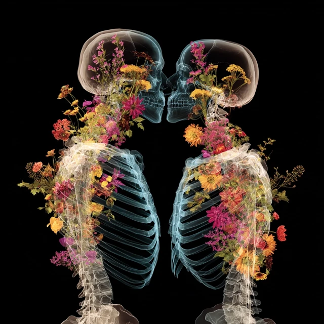 X-Ray Kiss with Flowers: Surreal Anatomy Art
