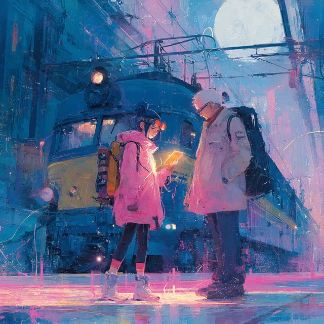 Cyberpunk Anime Girl at Train Station