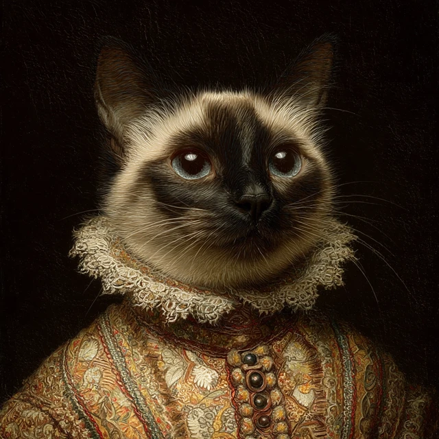 Victorian Siamese Cat Portrait with Frilly Collar