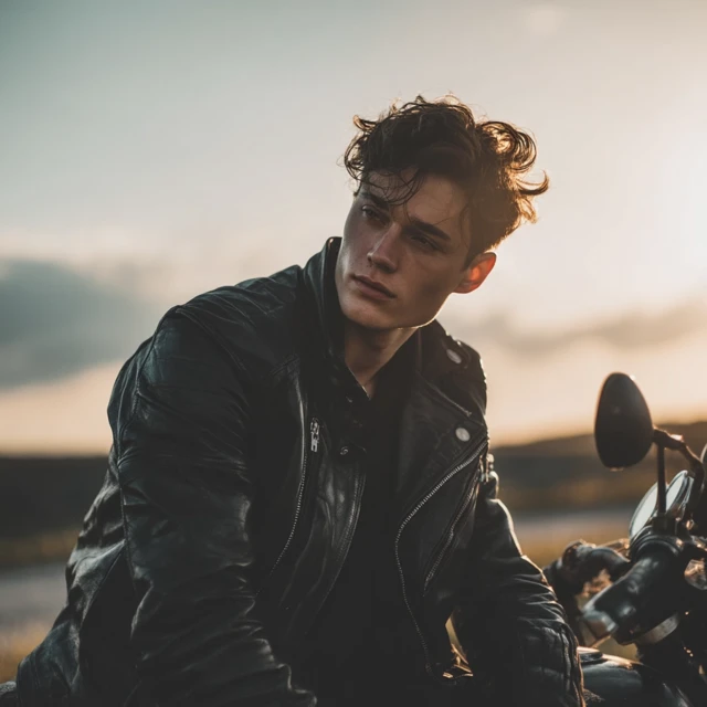 Handsome Brunette in Leather Jacket on Motorcycle