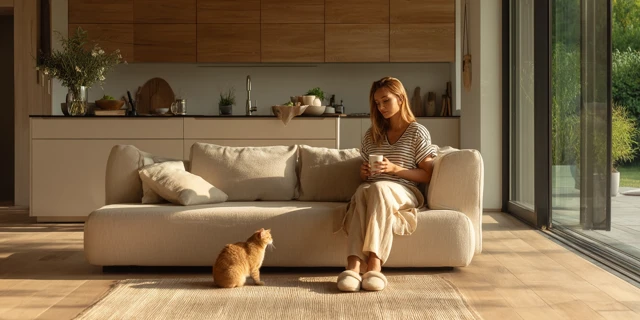 Woman Relaxing with Cat in Modern Living Room