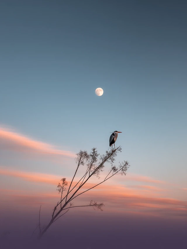 Heron on Branch Moonlit Sky Photography