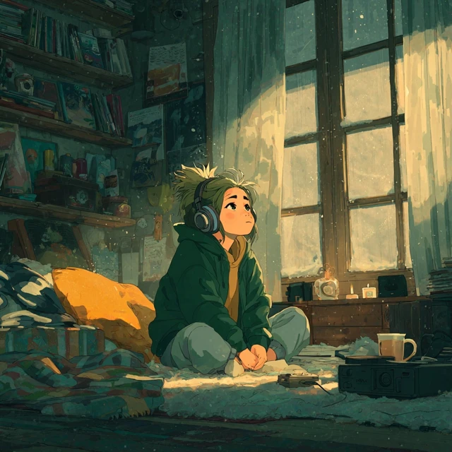 Anime Girl Listening to Music in Her Bedroom