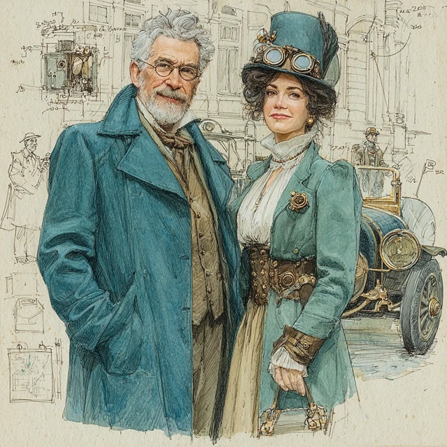 Steampunk Couple Illustration Futuristic City Colored Pencils