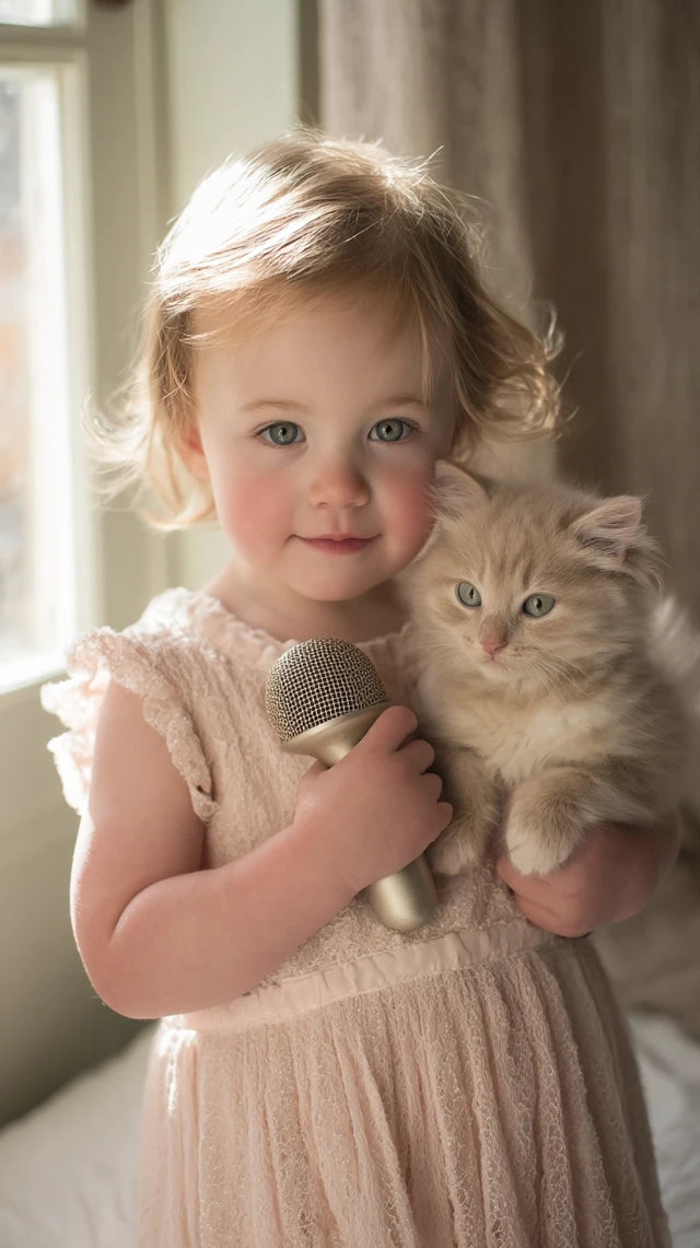 Baby Girl Kitten Portrait Vintage Microphone