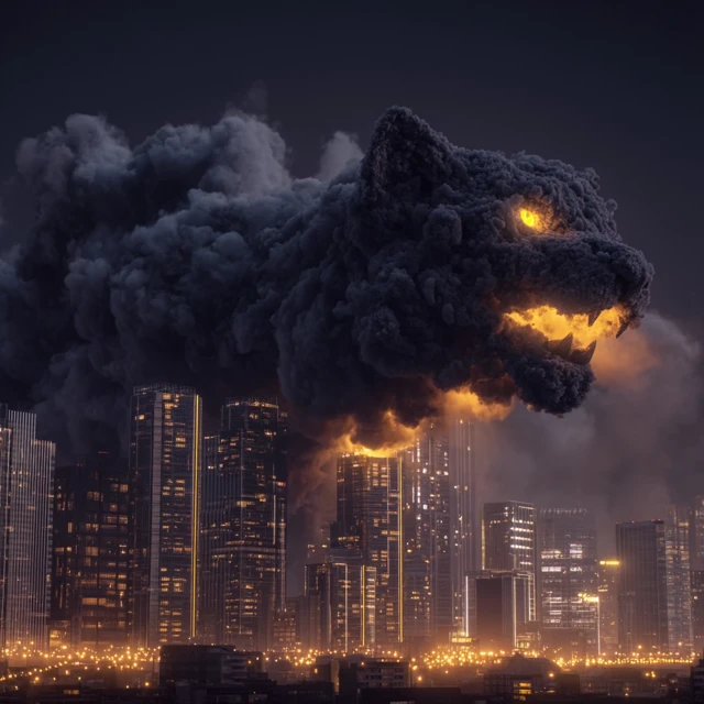 Giant Smoke Monster Cat Over City at Night
