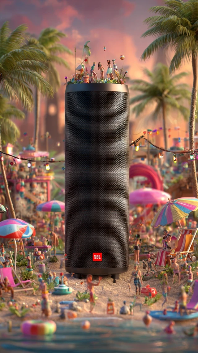 JBL Speaker on Beach Party Macro Shot Product Ad