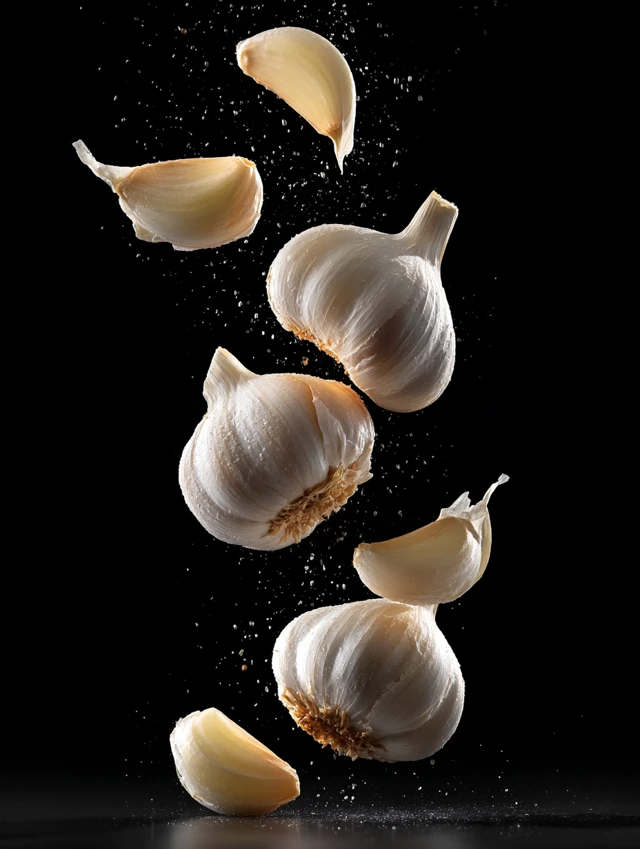 Garlic Cloves in Mid Air Food Photography
