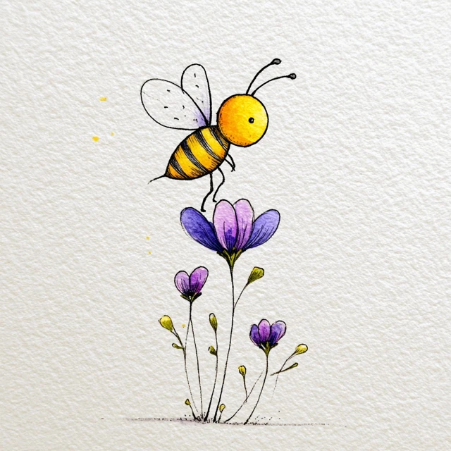 Cute Bee on Flower Childish Watercolour Illustration